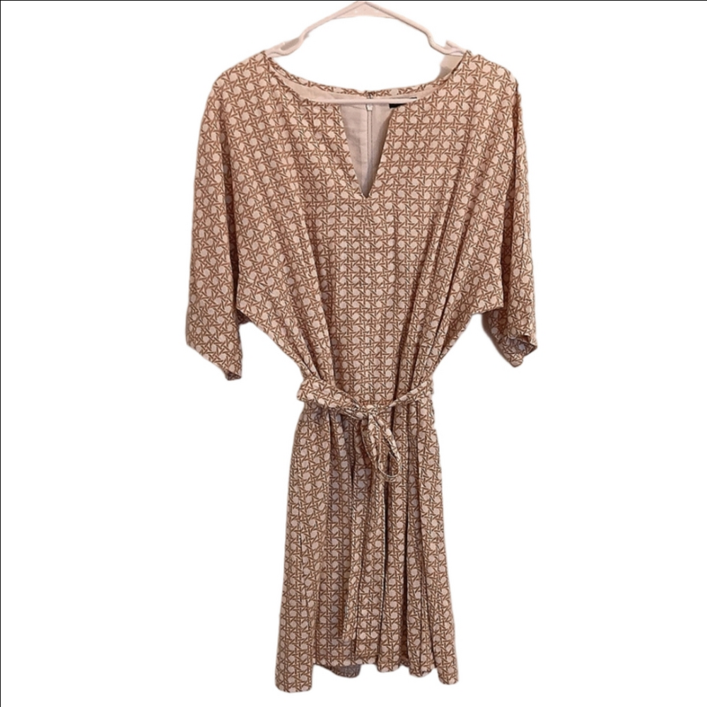 Tan & Cream Linen Blend Rattan Print Dress Soft Shoulder Lined Self Tie Sz 8